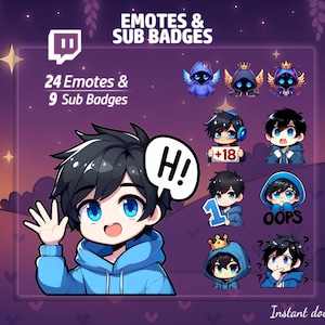 24個の青いVTuberボーイエモートと9個のサブバッジ | クールなアニメスタイル | Twitch、YouTube、Kick用のPNG | 男性VTuber向けストリームオーバーレイアセット