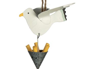Rustic Metal Seagull and Chips Ornament: Coastal Seaside Beach House Metal Wall Hanging Decoration