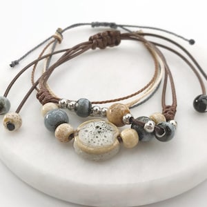 Blue and Beige Ceramic Bead Bracelet Stack Set: Boho Coastal Beach Surfer Jewellery