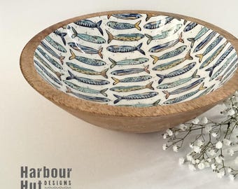 Sardine fish mango wood and enamel bowl: salad, pasta, picnic, bbq