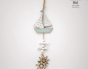 Nautical Boat Wall Art Hanging: Coastal Sailing Wooden Aqua Pastel Beach House Bathroom Decor