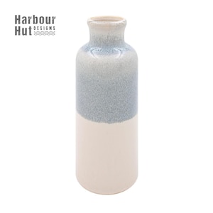 May include: A two-tone ceramic vase with a light blue-grey textured upper section and a smooth, off-white lower section. The vase has a narrow neck and a rounded body. The text "Harbour Hut Designs" is in the upper left corner.