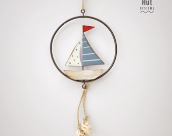 Coastal Wood Metal Sailing Boat Wall Hanging: Nautical Boy Bedroom Seaside Decor with Shells