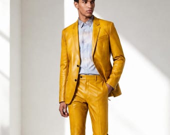 Mosterdgele leren blazer en pantalon voor heren | Tweedelig maatpak | Op maat gemaakt
