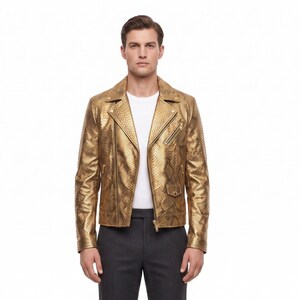 Men's Gold Snakeskin Leather Biker Jacket – Metallic Embossed Python Print Motorcycle Coat