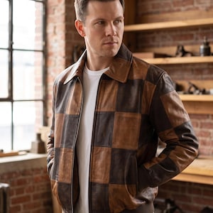 Men's Checkered Leather Bomber Jacket - Vintage Brown Checkerboard Patchwork A2 Flight Coat - Handmade Two Tone Genuine