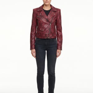 Python Biker Jacket Crimson Red Embossed Leather Cropped Women Moto Outerwear