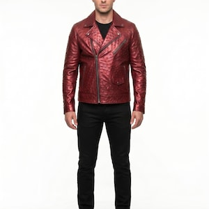 Herr Strutsskinnjacka, Röd Metallic Moto Coat, Slim Fit