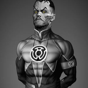 Op de afbeelding: Een grijswaarden illustratie van een superheldenfiguur. Het personage heeft gele ogen, een strenge uitdrukking en een kenmerkend kapsel. Hij draagt een zwart-grijs pak met een groot embleem op de borst en arm.