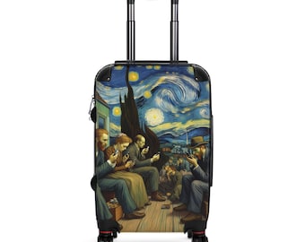 Mensen staren naar hun mobiele telefoon Op Van Gogh geïnspireerde rollende bagage