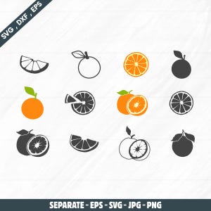 Puede incluir: Una colección de ilustraciones de naranjas en varios estilos. Algunas son de color naranja sólido, otras son contornos en blanco y negro, y otras son cortes transversales. La imagen incluye el texto "SVG, DXF, EPS" y "SEPARATE - EPS - SVG - JPG - PNG".