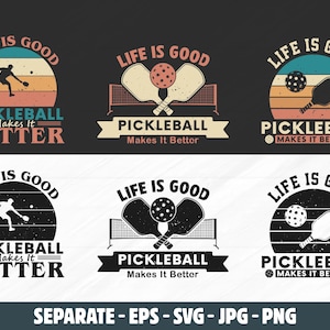Peut inclure: Plusieurs modèles sur le thème du pickleball avec les textes « Life is Good » et « Pickleball Makes It Better ». Les motifs présentent des joueurs de pickleball, des raquettes et des balles, sur fond de coucher de soleil rétro. Disponibles en différents formats.