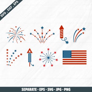 May include: A collection of patriotic vector graphics featuring fireworks, starbursts, and an American flag in red, white, and blue. The image includes the text "SVG, DXF, EPS" and "SEPARATE - EPS - SVG - JPG - PNG".