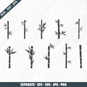 Puede incluir: Una colección de ilustraciones de tallos de bambú negros con hojas, en varias disposiciones. La imagen incluye el texto "SVG, DXF, EPS" en la esquina superior izquierda y "SEPARATE - EPS - SVG - JPG - PNG" en la parte inferior.