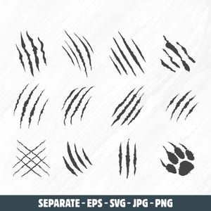 May include: A set of 12 black and white claw mark illustrations. The claw marks are in various sizes and shapes, and some are crossed. There is also a paw print illustration.