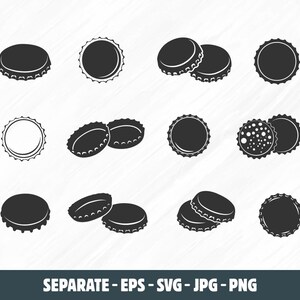 May include: A set of 12 black and white bottle cap illustrations. The bottle caps are shown in various positions, including single caps, stacked caps, and caps with a partial view.
