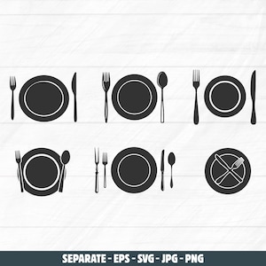 Plate with cutlery svg, Plate fork spoon knife svg, Plate with cutlery silhouette, Restaurant logo svg, Empty plate and cutlery svg.