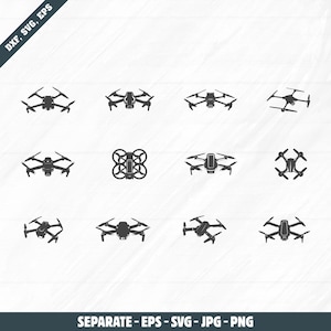 Könnte beinhalten: Eine Sammlung schwarzer Drohnenillustrationen in verschiedenen Designs. Das Bild enthält den Text "DXF, SVG, EPS" oben links und "SEPARATE - EPS - SVG - JPG - PNG" unten.