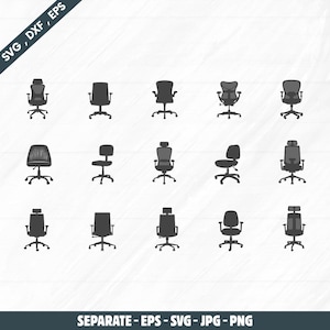 May include: A collection of 15 black office chair silhouettes in various designs. The chairs are depicted from a front-facing perspective, showcasing different backrest and armrest styles. The image includes the text "SVG, DXF, EPS" and "SEPARATE - EPS - SVG - JPG - PNG".