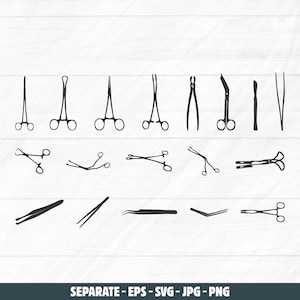 Könnte beinhalten: Schwarz-weiße Strichzeichnungen verschiedener chirurgischer Instrumente, darunter Scheren, Pinzetten und Klemmen, auf einem weißen Holzgrund. Der Text "SEPARATE - EPS - SVG - JPG - PNG" ist unten im Bild zu sehen.