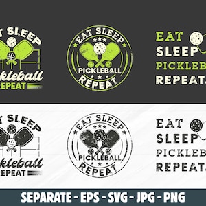 Puede incluir: Una colección de seis diseños temáticos de pickleball con el texto "Eat Sleep Pickleball Repeat". Los diseños presentan palas de pickleball, pelotas y texto en varios estilos, incluyendo un diseño circular y un diseño rectangular. La combinación de colores es principalmente verde y blanco.
