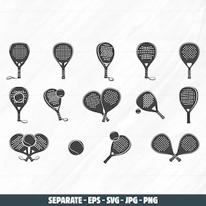 May include: A collection of black and white padel racket and ball illustrations. The rackets have a perforated surface and a handle with a wrist strap. Some images show single rackets, while others show pairs or rackets with balls. The text at the bottom reads "SEPARATE - EPS - SVG - JPG - PNG".