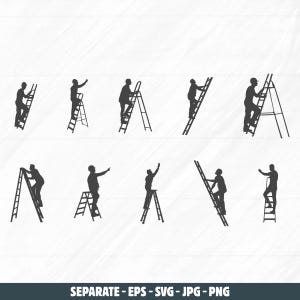 Puede incluir: Gráfico digital con siluetas negras de personas subiendo escaleras en varias poses. La imagen incluye múltiples escaleras de diferentes estilos, con personas alcanzando, señalando y trabajando. La parte inferior de la imagen incluye el texto: SEPARATE - EPS - SVG - JPG - PNG.