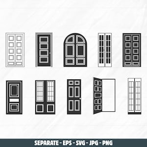 Könnte beinhalten: Eine Sammlung von zehn schwarz-weißen Türen in verschiedenen Stilen. Die Türen umfassen Paneel-, Bogen- und französische Türdesigns. Das Bild enthält auch den Text "SEPARATE - EPS - SVG - JPG - PNG".