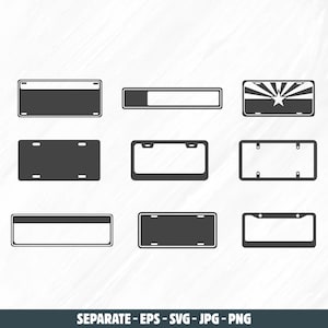 Könnte beinhalten: Eine Sammlung von neun schwarz-weißen Kennzeichen-Designs. Die Kennzeichen variieren in Form und Stil, darunter ein Kennzeichen mit einem Sternmuster und der Flagge von Arizona. Der untere Teil des Bildes enthält den Text: SEPARATE - EPS - SVG - JPG - PNG.