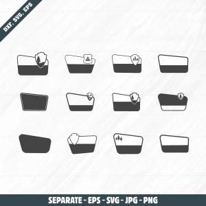 May include: A collection of twelve black and white vector graphics. Each graphic features a rectangular shape with a white and black color scheme, and a nature-themed emblem. The text "DXF, SVG, EPS" is in the upper left corner. The text "SEPARATE - EPS - SVG - JPG - PNG" is at the bottom.