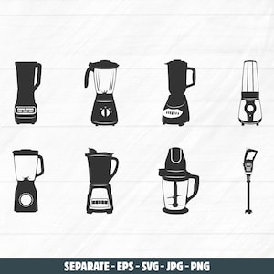 Puede incluir: Ocho siluetas negras de diferentes tipos de batidoras, incluyendo batidoras de encimera, batidoras de inmersión y procesadores de alimentos. La imagen incluye el texto "SEPARATE - EPS - SVG - JPG - PNG".