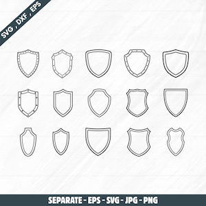 May include: A collection of 15 shield designs in black outline. The shields vary in shape and detail, some with dotted borders. Text at the top reads "SVG, DXF, EPS" and at the bottom "SEPARATE - EPS - SVG - JPG - PNG".