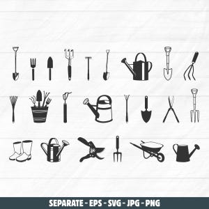 May include: A collection of black and white garden tools, including shovels, rakes, watering cans, and shears. The tools are arranged in a grid pattern against a white wood-grain background. The text at the bottom reads "SEPARATE - EPS - SVG - JPG - PNG".