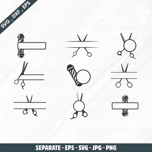 May include: A collection of black and white barber shop themed vector graphics. The image features barber poles, scissors, and text that reads "SVG, DXF, EPS" and "SEPARATE - EPS - SVG - JPG - PNG".