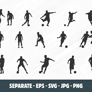 Op de afbeelding: Een verzameling zwarte silhouetten van voetballers in verschillende actieposities, elk met een voetbal. De afbeelding bevat de tekst "SEPARATE - EPS - SVG - JPG - PNG" onderaan.