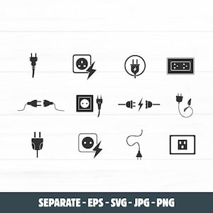 May include: A collection of twelve black icons depicting various electrical plugs, sockets, and cords, including lightning bolt symbols and a leaf design. The text at the bottom reads SEPARATE - EPS - SVG - JPG - PNG.