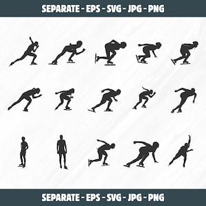 Pode incluir: Silhuetas de patinadores de velocidade em várias poses, incluindo posições de partida, deslizamento e cruzamento da linha de chegada. Os patinadores estão todos vestidos de preto e estão sobre um fundo branco.