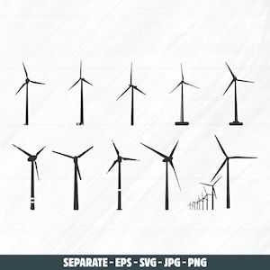 Wind turbine svg, Wind turbine silhouette, Wind turbine clipart, Wind turbine vector set.