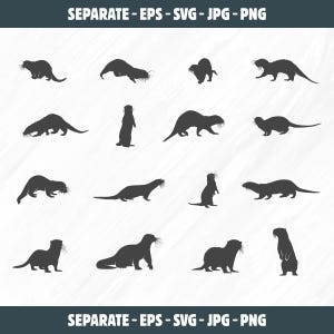 May include: A set of 16 black and white silhouette images of otters in various poses. The otters are shown swimming, playing, and standing.
