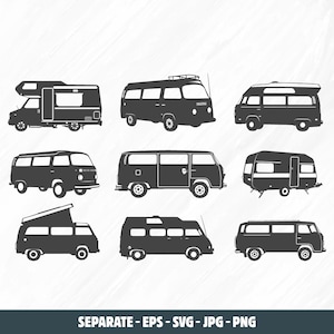 May include: A set of nine black and white silhouette illustrations of different types of vans and campers. The illustrations include a camper van with a pop-up roof, a classic van with a roof rack, a van with a high top, a van with a side door, a van with a rear door, a van with a window, a van with a bumper, a van with a tyre, and a van with a number plate.