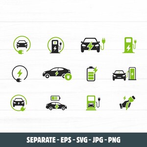 May include: A collection of twelve black and lime green vector icons depicting electric vehicles, charging stations, battery symbols, and charging plugs. The icons feature minimalist silhouettes of cars, lightning bolts, and power cables.
