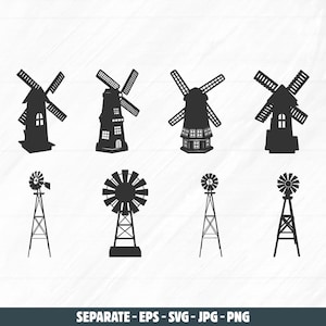 Może przedstawiać: Kolekcja ośmiu czarnych sylwetek wiatraków. Projekty obejmują różne style tradycyjnych wiatraków i nowoczesnych pomp wodnych napędzanych wiatrem. Tekst "SEPARATE - EPS - SVG - JPG - PNG" znajduje się na dole.