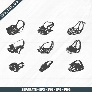 May include: Nine black and white illustrations of dog muzzles in various styles. The muzzles are shown from different angles, with a mix of basket and solid designs. The image includes the text "SVG, DXF, EPS" and "SEPARATE - EPS - SVG - JPG - PNG".