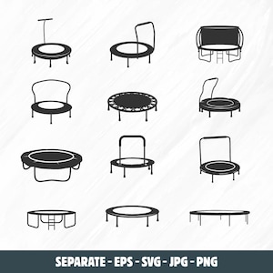 Puede incluir: Un conjunto de nueve ilustraciones en blanco y negro de diferentes tipos de trampolines. Los trampolines se muestran en varias formas y tamaños, algunos con manijas y otros sin.