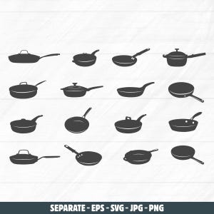 Puede incluir: Una colección de siluetas negras de sartenes y ollas. La imagen presenta varios diseños, incluyendo sartenes con mangos largos, ollas con tapas y diferentes formas. El texto en la parte inferior dice "SEPARATE - EPS - SVG - JPG - PNG".