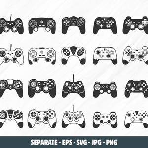 Pode incluir: Um conjunto de 20 ícones de controlador de gamepad em preto e branco. Os ícones são em vários estilos, incluindo clássico, moderno e futurista.