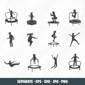 Op de afbeelding: Een set van 10 zwart-witte silhouet-illustraties van mensen die op trampolines springen. De illustraties zijn eenvoudig en modern en zouden perfect zijn voor gebruik in een verscheidenheid aan projecten, zoals website-ontwerp, social media-graphics of gedrukte materialen.