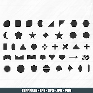 May include: A collection of black geometric shapes, including squares, circles, triangles, stars, and arrows. The shapes are arranged in rows and columns on a white background. The text at the bottom reads "SEPARATE - EPS - SVG - JPG - PNG".