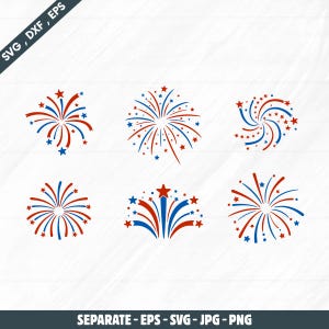 Op de afbeelding: Zes vectorillustraties van vuurwerk in rood, wit en blauw. Elk ontwerp heeft sterpatronen en steraccenten, perfect voor patriottische of feestelijke projecten. De afbeelding bevat de tekst "SVG, DXF, EPS" en "SEPARATE - EPS - SVG - JPG - PNG".