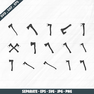 May include: A collection of black axe silhouettes in various orientations. The axes have wooden handles and metal blades. The image includes the text "SVG, DXF, EPS" and "SEPARATE - EPS - SVG - JPG - PNG".